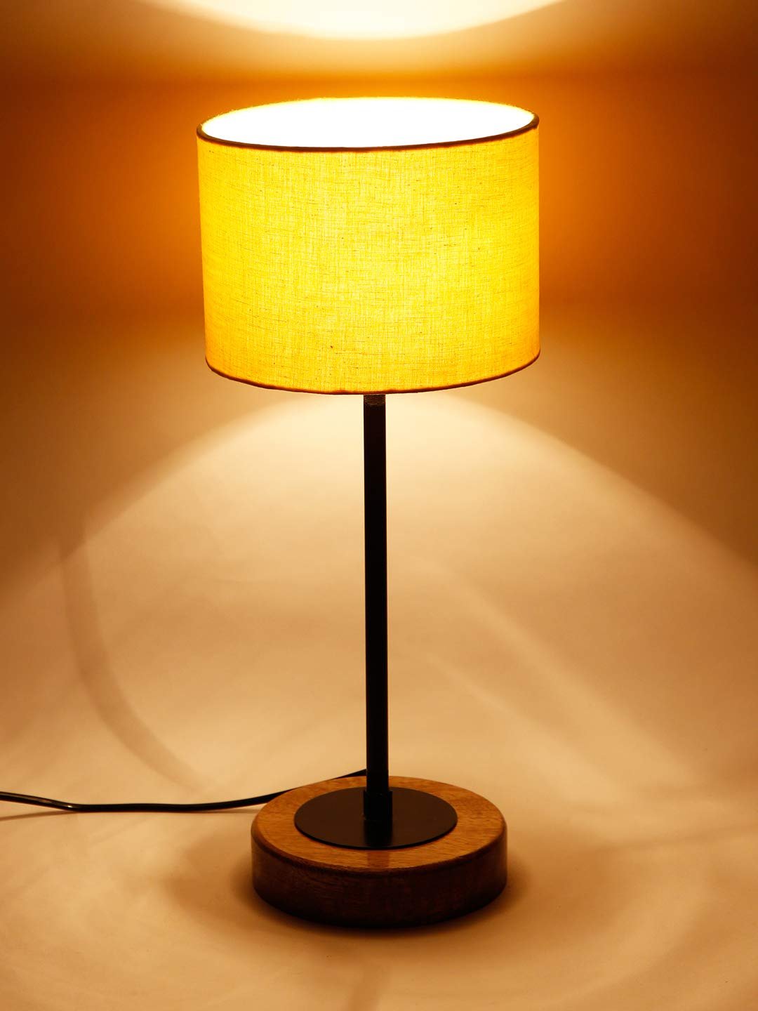 Drum Yellow Cotton Shade Table Lamp with Wood Base