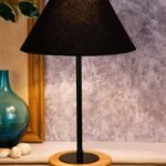 Conical Black Cotton Shade Table Lamp with Wood Base