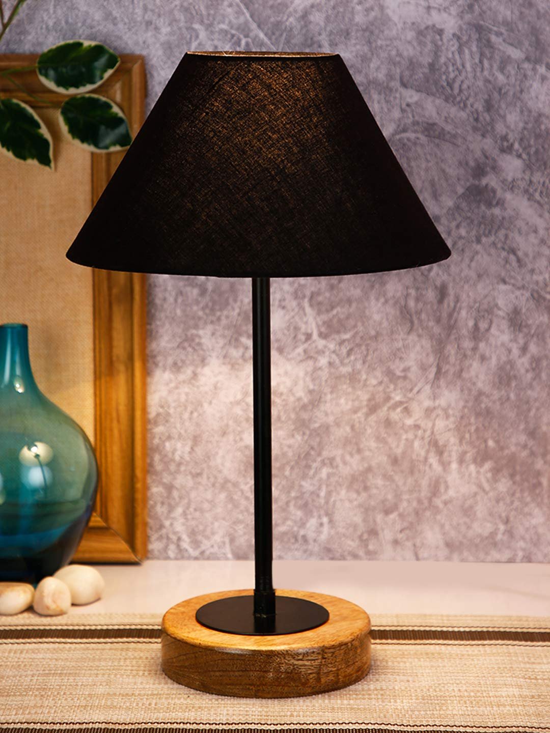 Conical Black Cotton Shade Table Lamp with Wood Base