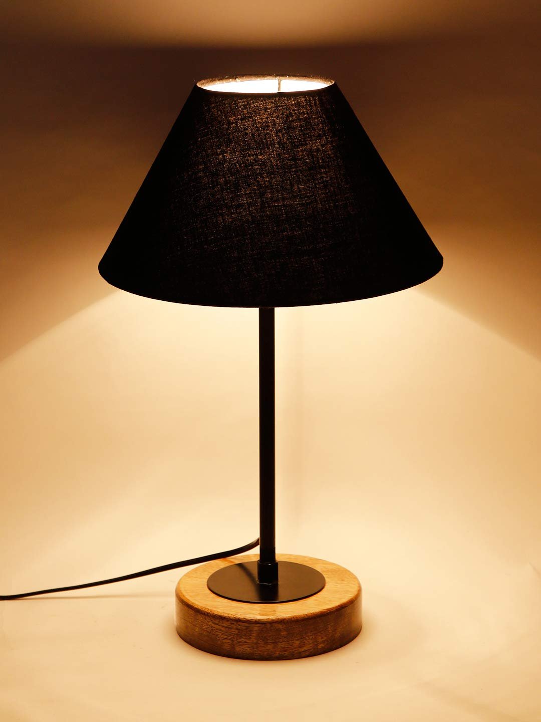 Conical Black Cotton Shade Table Lamp with Wood Base
