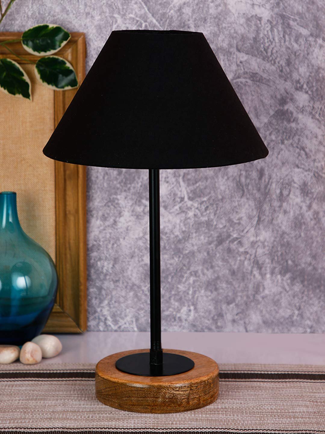 Conical Black Cotton Shade Table Lamp with Wood Base