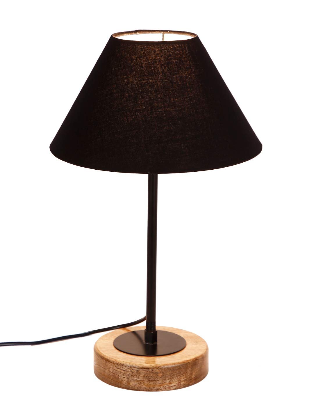 Conical Black Cotton Shade Table Lamp with Wood Base