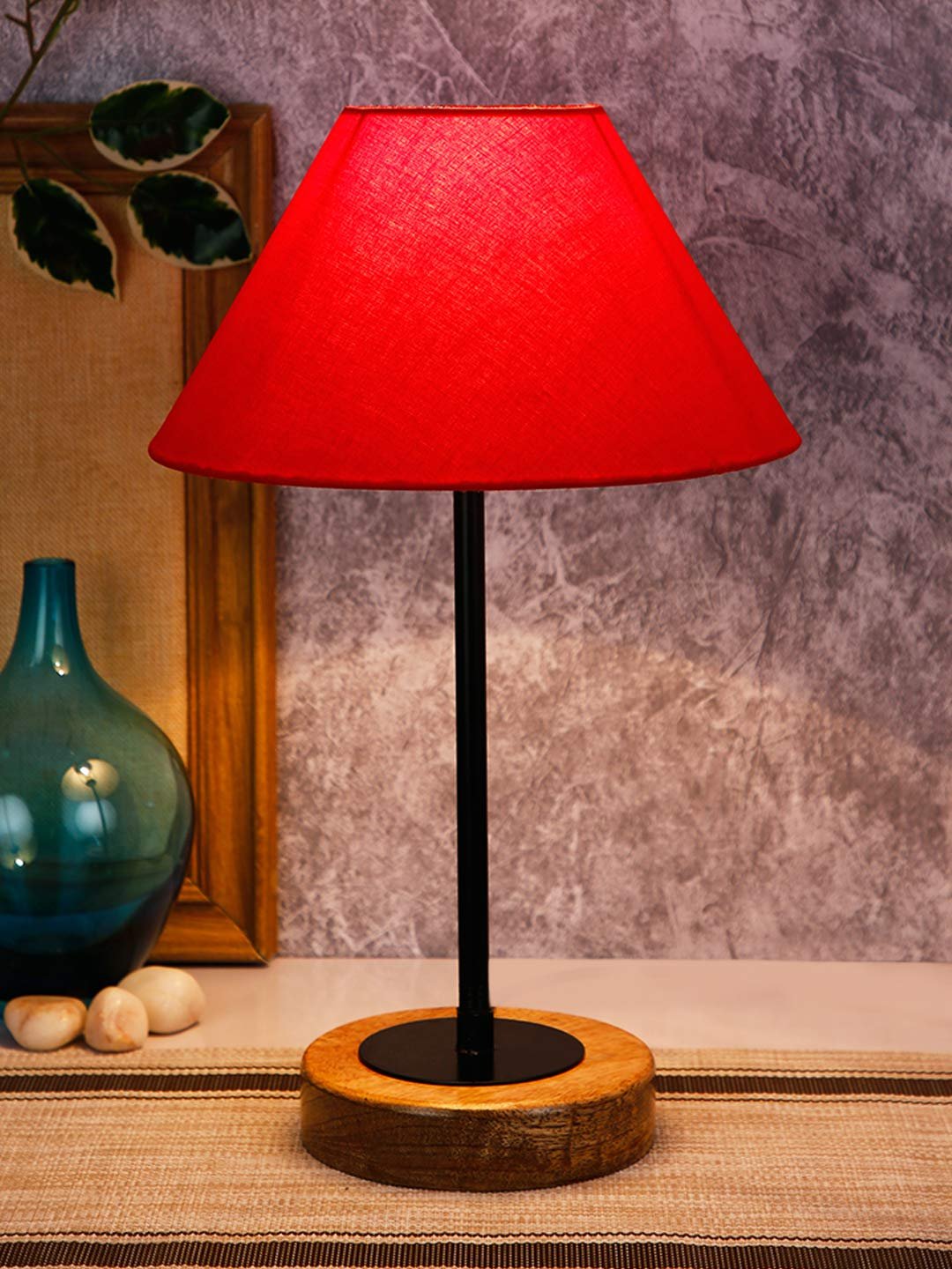 Conical Red Cotton Shade Table Lamp with Wood Base