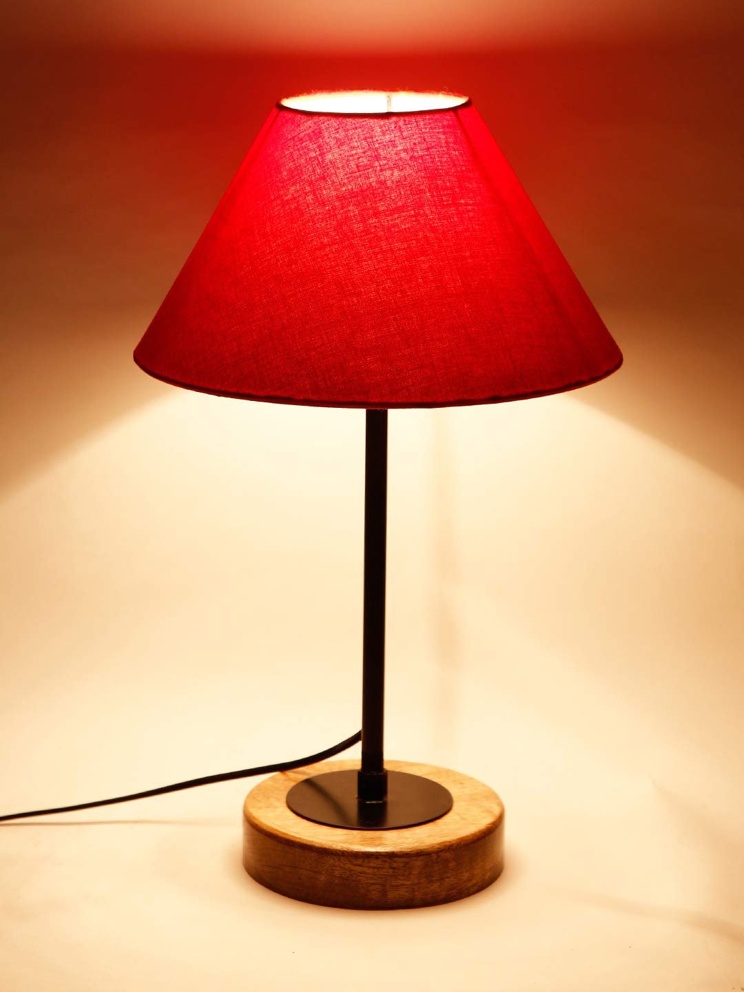Conical Red Cotton Shade Table Lamp with Wood Base