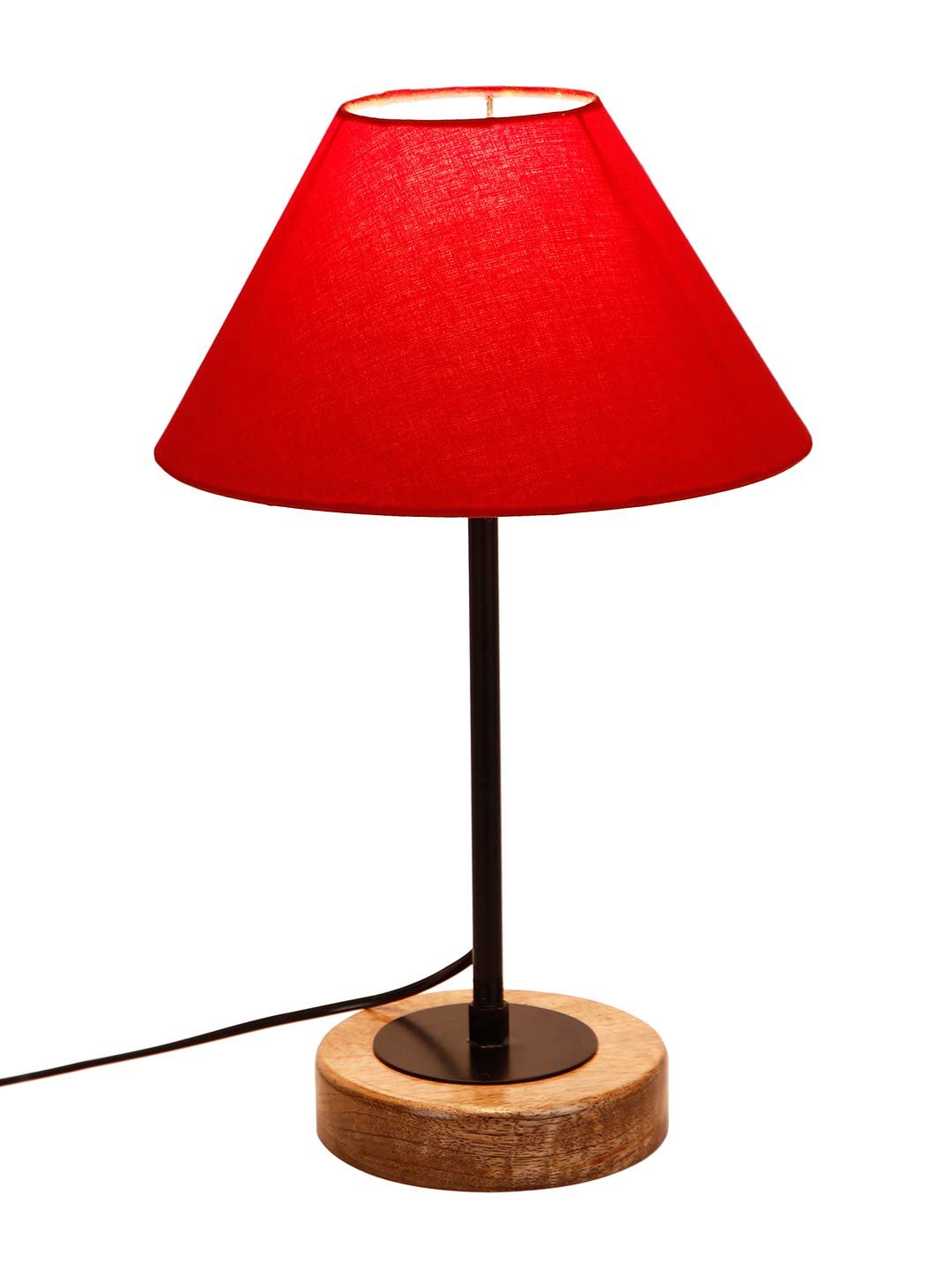Conical Red Cotton Shade Table Lamp with Wood Base