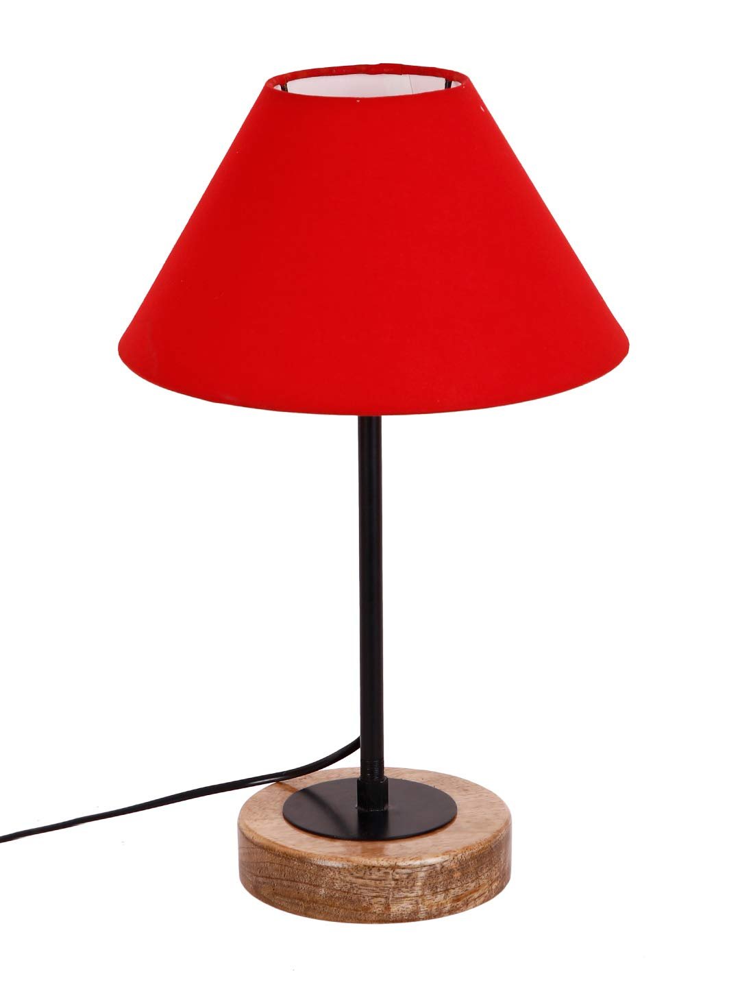 Conical Red Cotton Shade Table Lamp with Wood Base