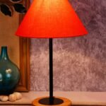 Conical Orange Cotton Shade Table Lamp with Wood Base