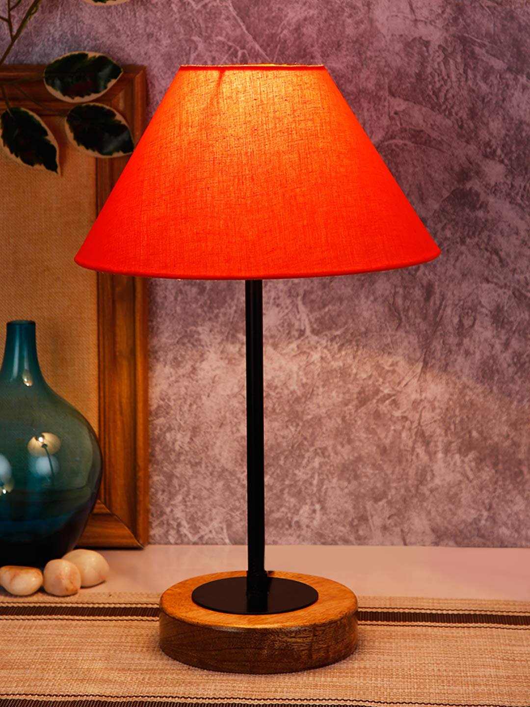 Conical Orange Cotton Shade Table Lamp with Wood Base
