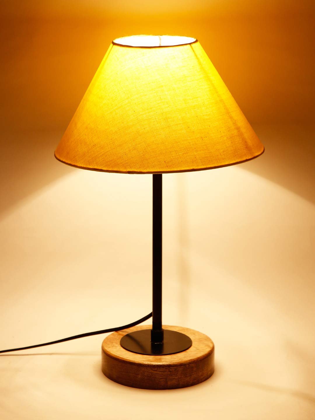 Conical Cotton Shade Table Lamp with Wood Base