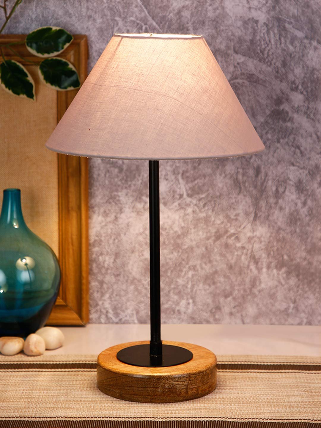Conical Grey Cotton Shade Table Lamp with Wood Base