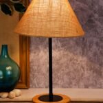 Conical Beige Jute Shade Table Lamp with Wood Base