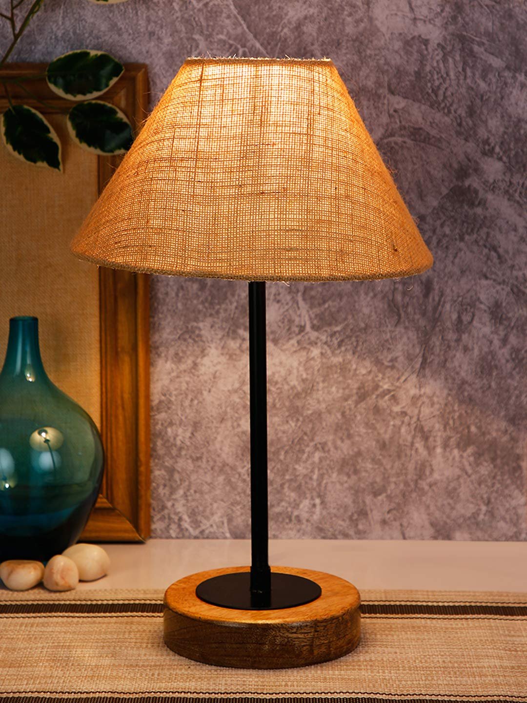 Conical Beige Jute Shade Table Lamp with Wood Base
