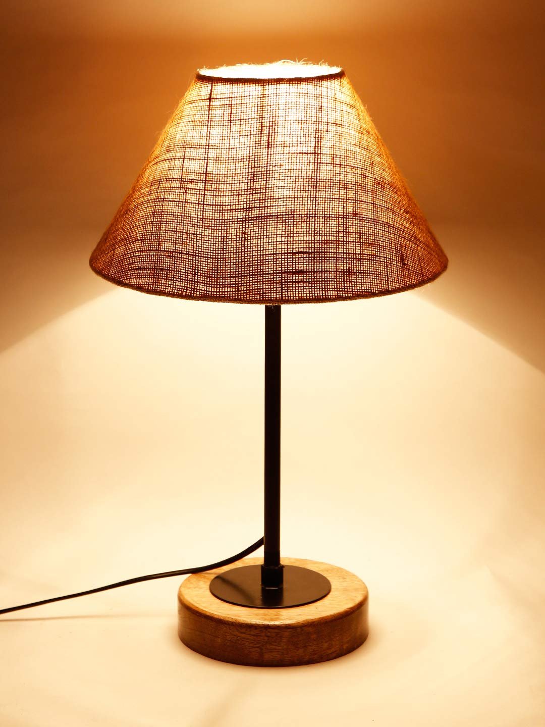 Conical Beige Jute Shade Table Lamp with Wood Base