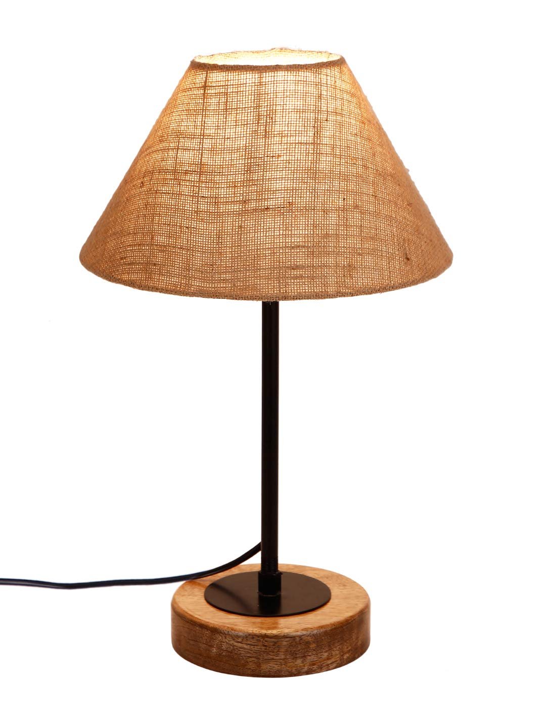 Conical Beige Jute Shade Table Lamp with Wood Base