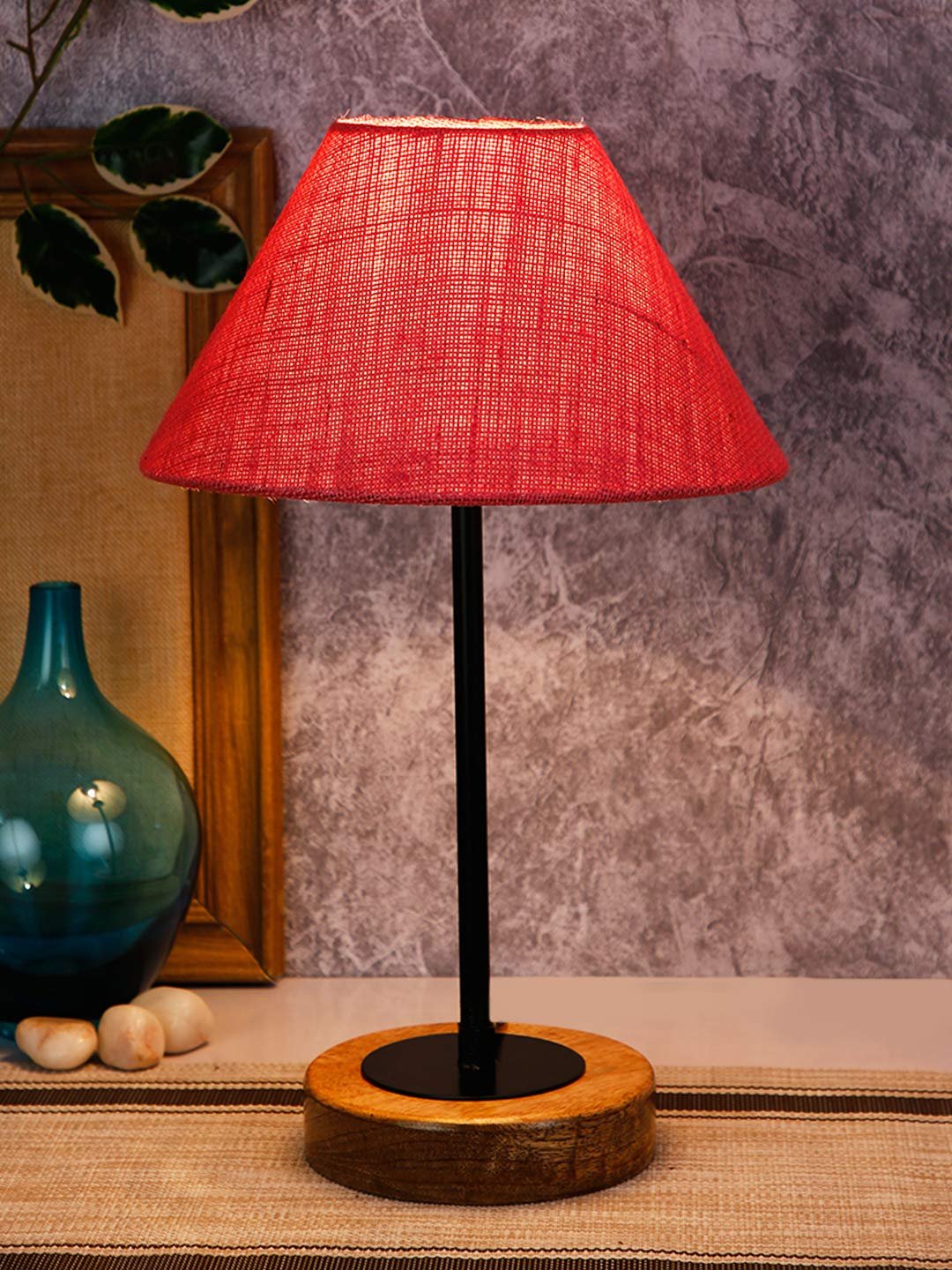 Conical Pink Jute Shade Table Lamp with Wood Base