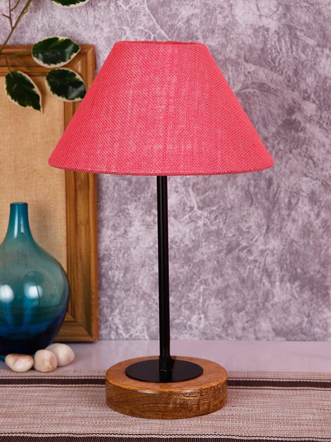 Conical Pink Jute Shade Table Lamp with Wood Base
