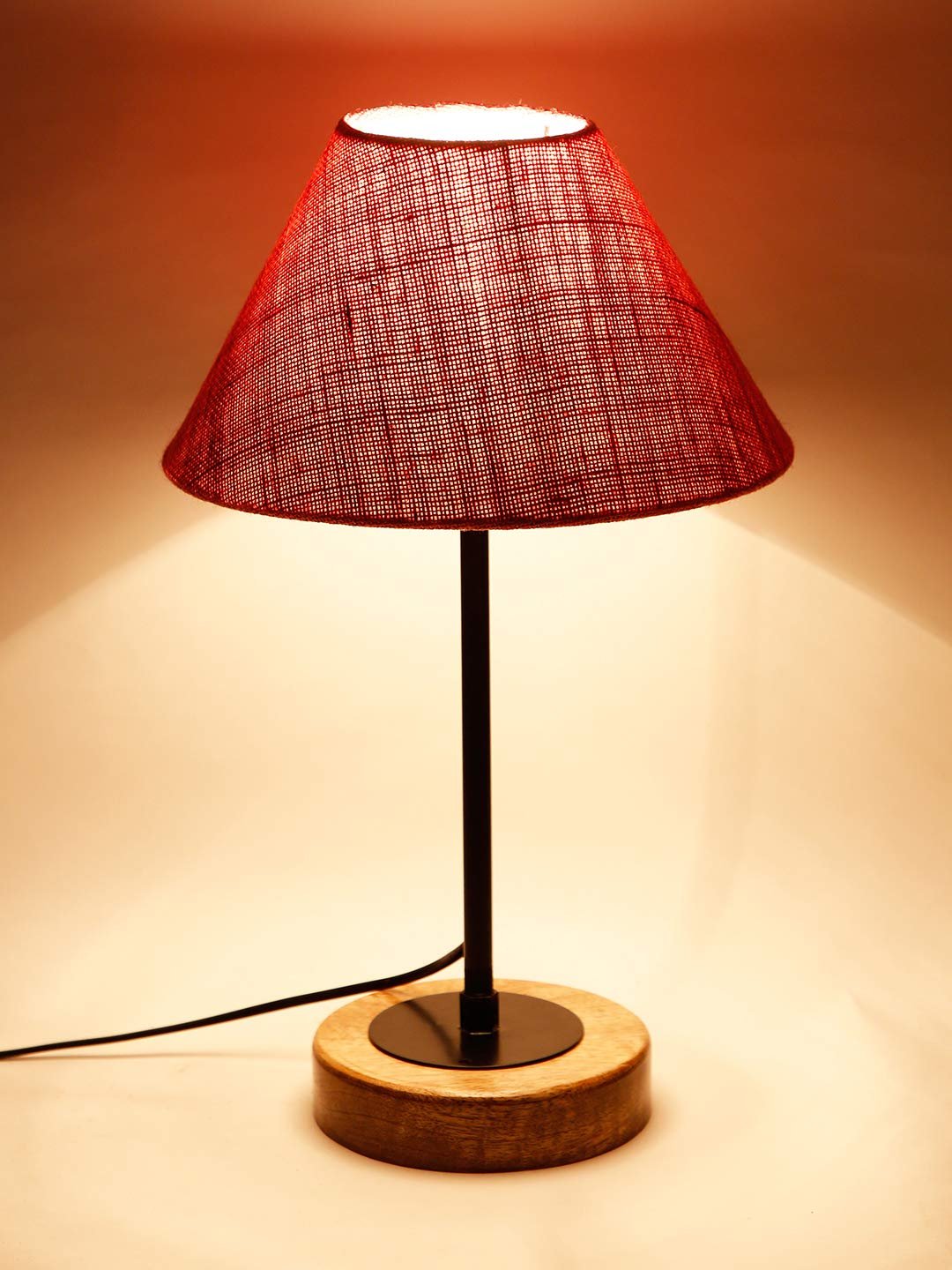 Conical Pink Jute Shade Table Lamp with Wood Base