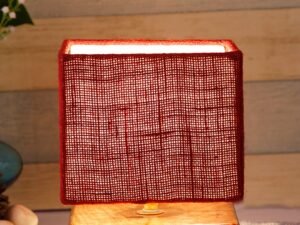 Square Maroon Jute Shade Table Lamp with Wood Base
