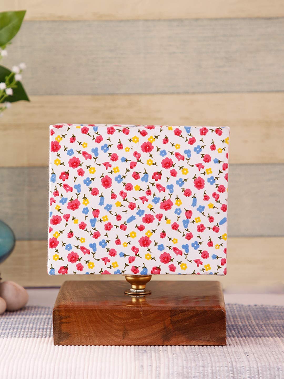 Square Multicolor Cotton Shade Table Lamp with Wood Base