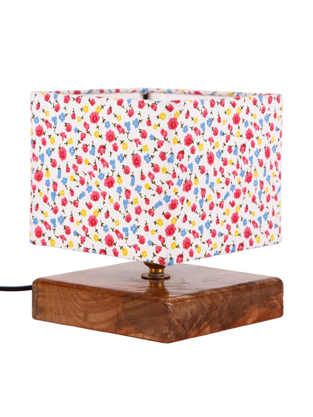 Square Multicolor Cotton Shade Table Lamp with Wood Base