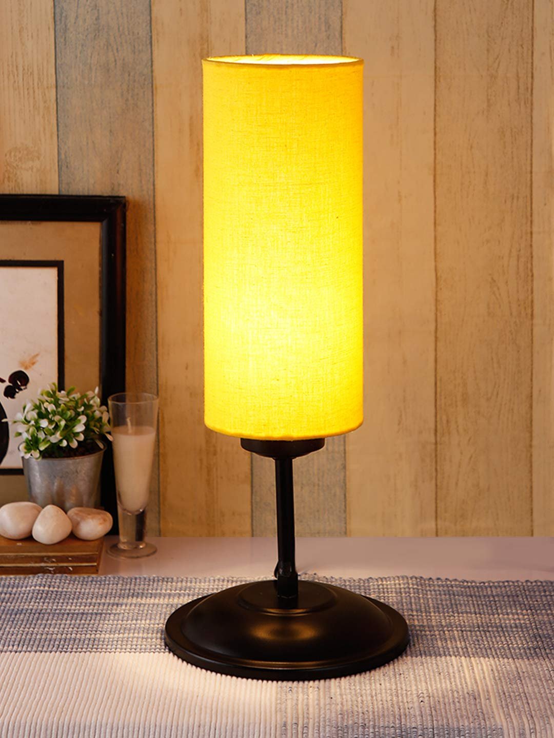 Cylindrical Yellow Cotton Shade Table Lamp with Black Base (Size : 6.75x6.75x16.1 Inches)