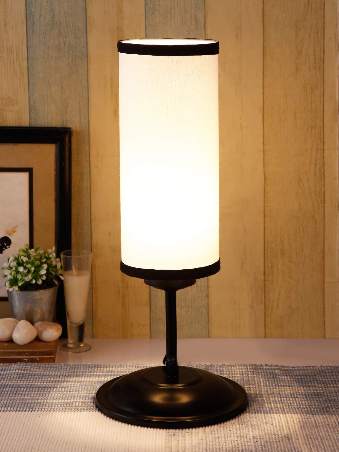 Cylindrical Multicolor Cotton Shade Table Lamp with Black Base (Size : 6.75x6.75x16.1 Inches)