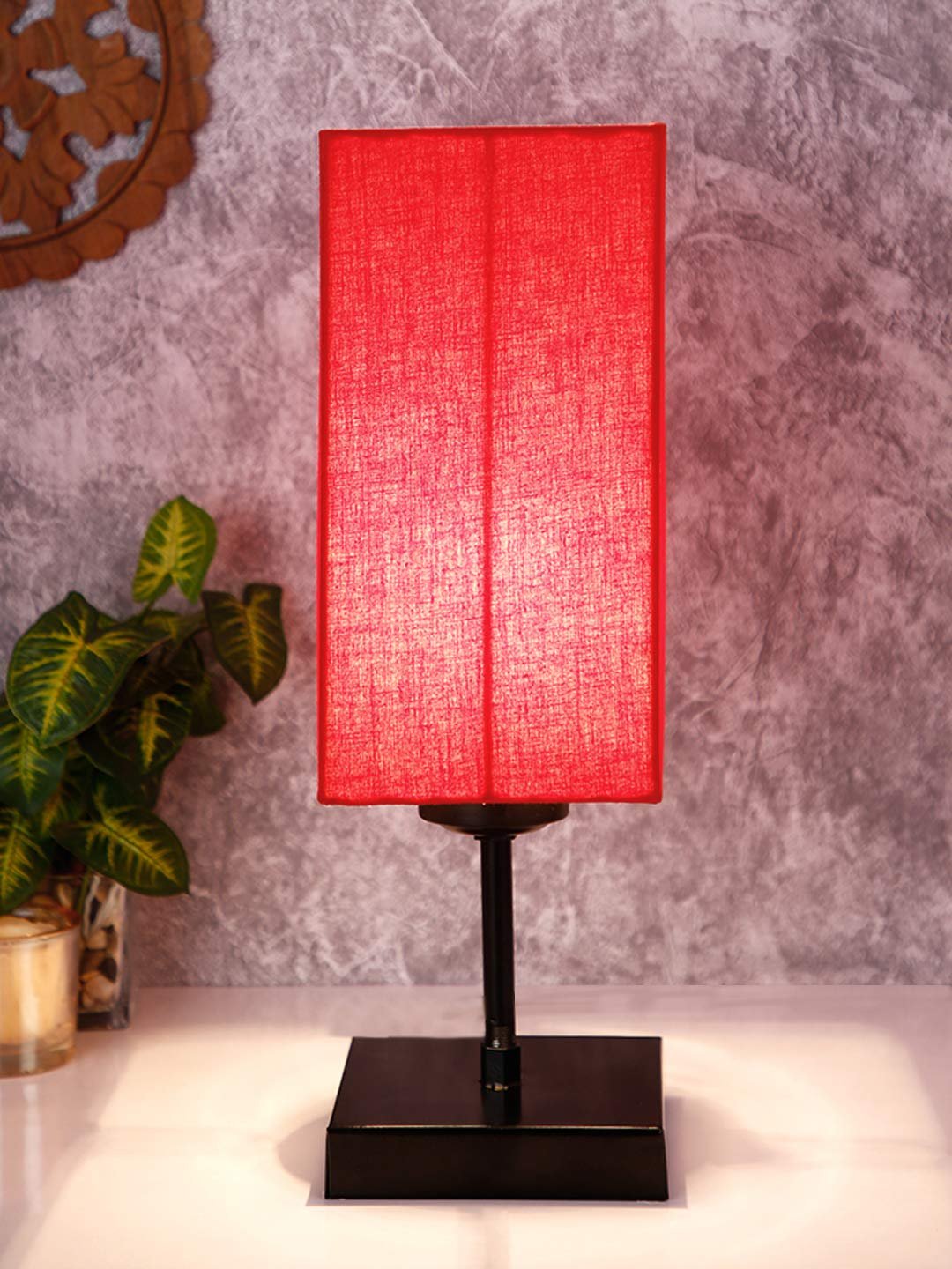 Square Red Cotton Shade Table Lamp with Iron Base