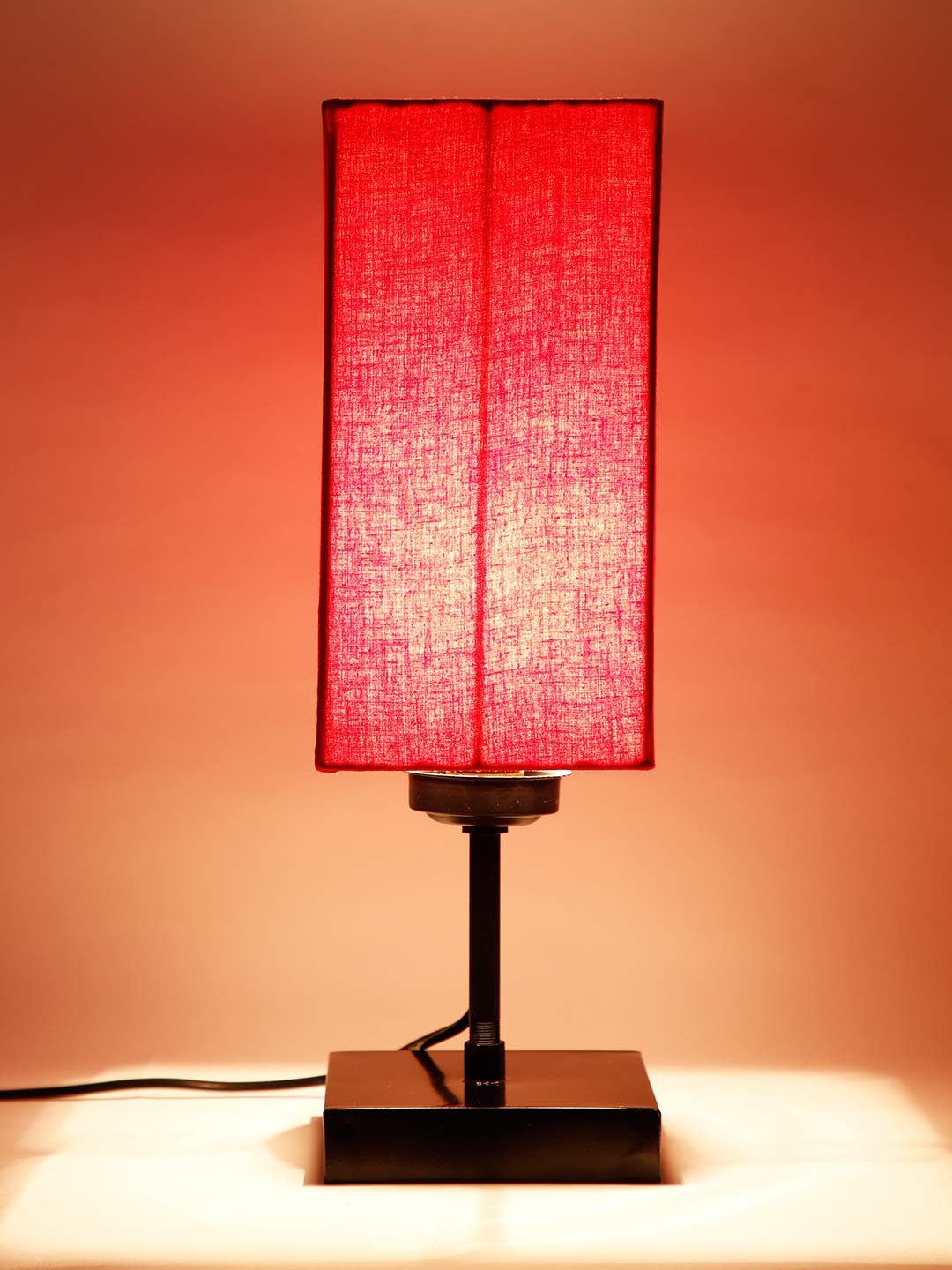Square Red Cotton Shade Table Lamp with Iron Base