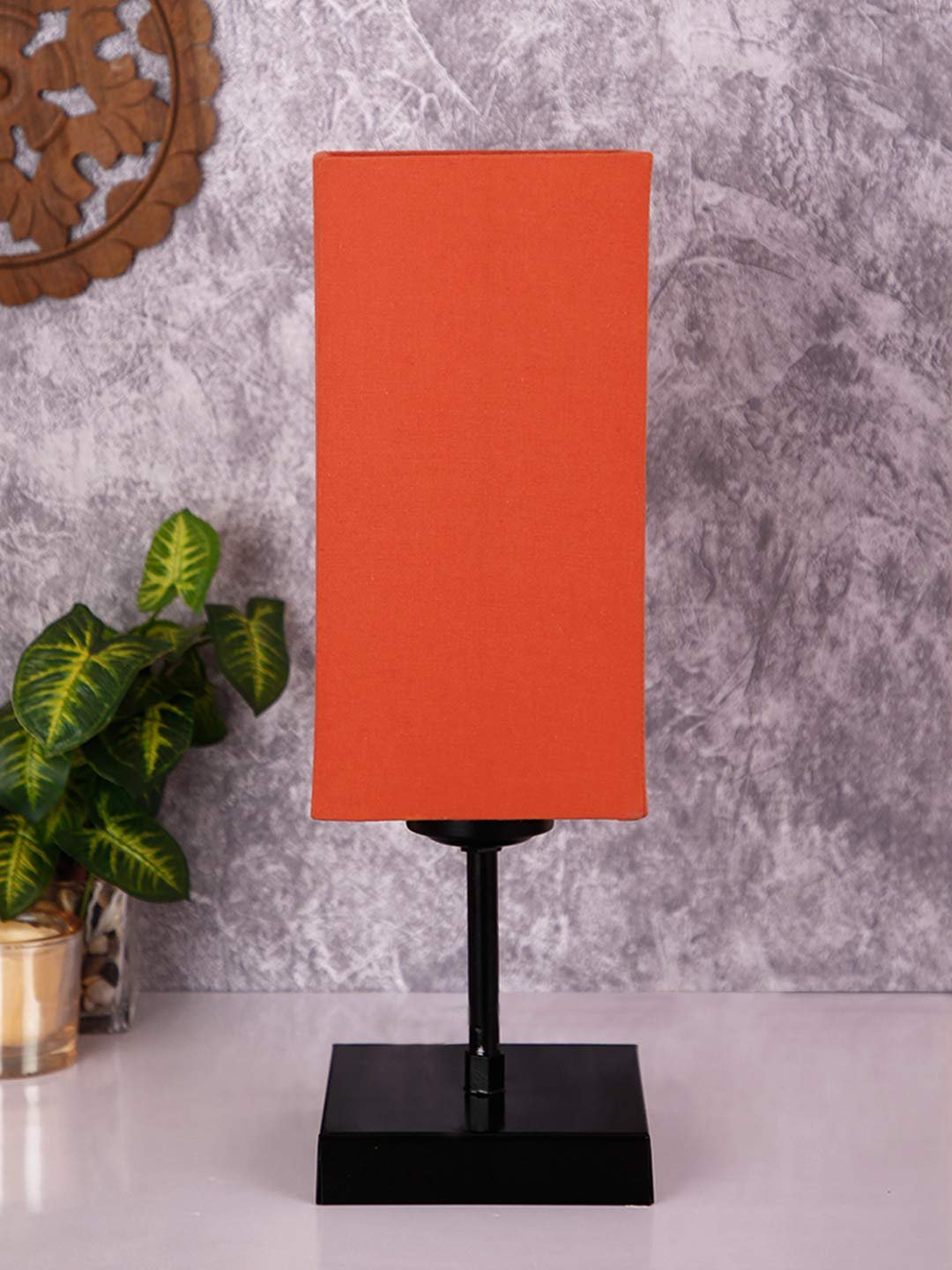 Square Orange Cotton Shade Table Lamp with Iron Base