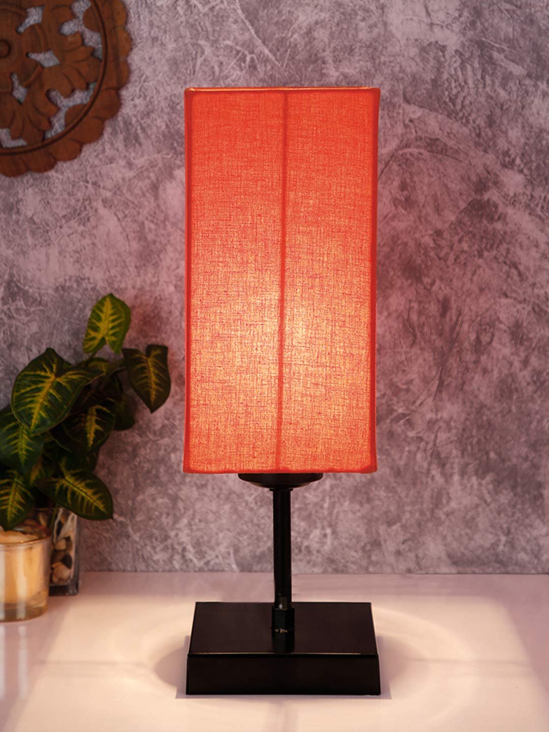 Square Orange Cotton Shade Table Lamp with Iron Base