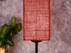 Square Maroon Jute Shade Table Lamp with Iron Base