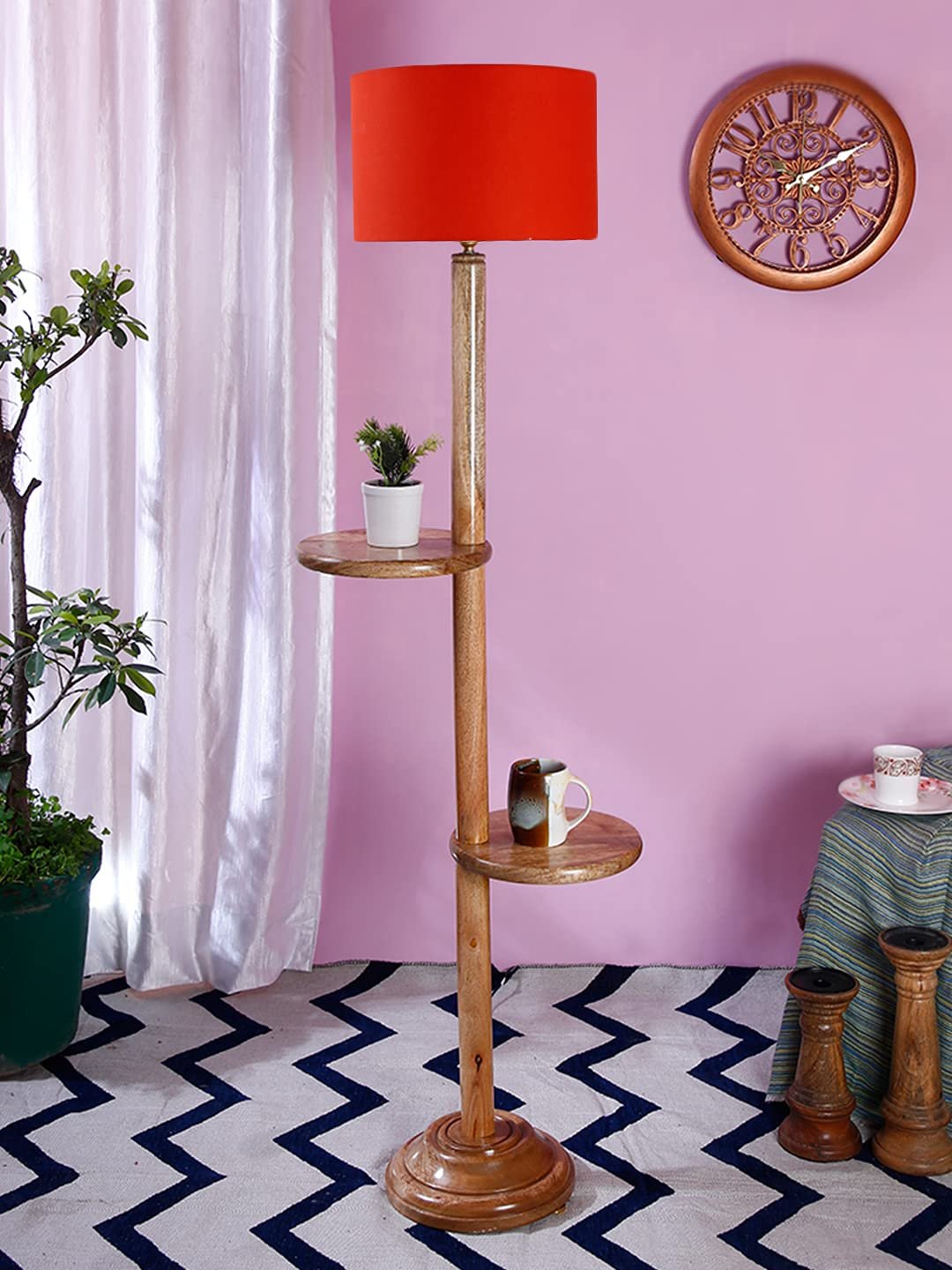 Orange Cotton Drum Shade Wood Natural Table Floor lamp