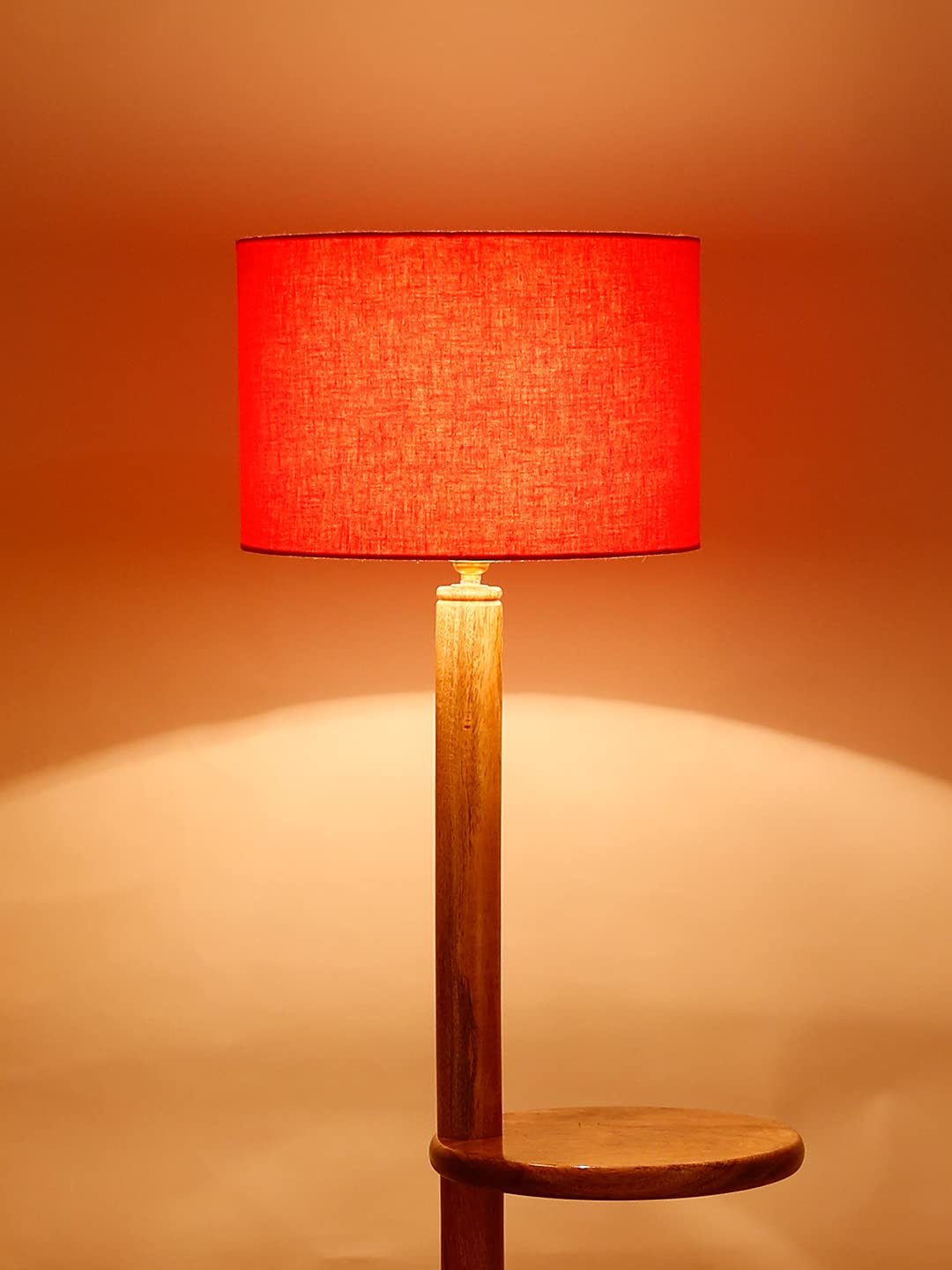 Orange Cotton Drum Shade Wood Natural Table Floor lamp
