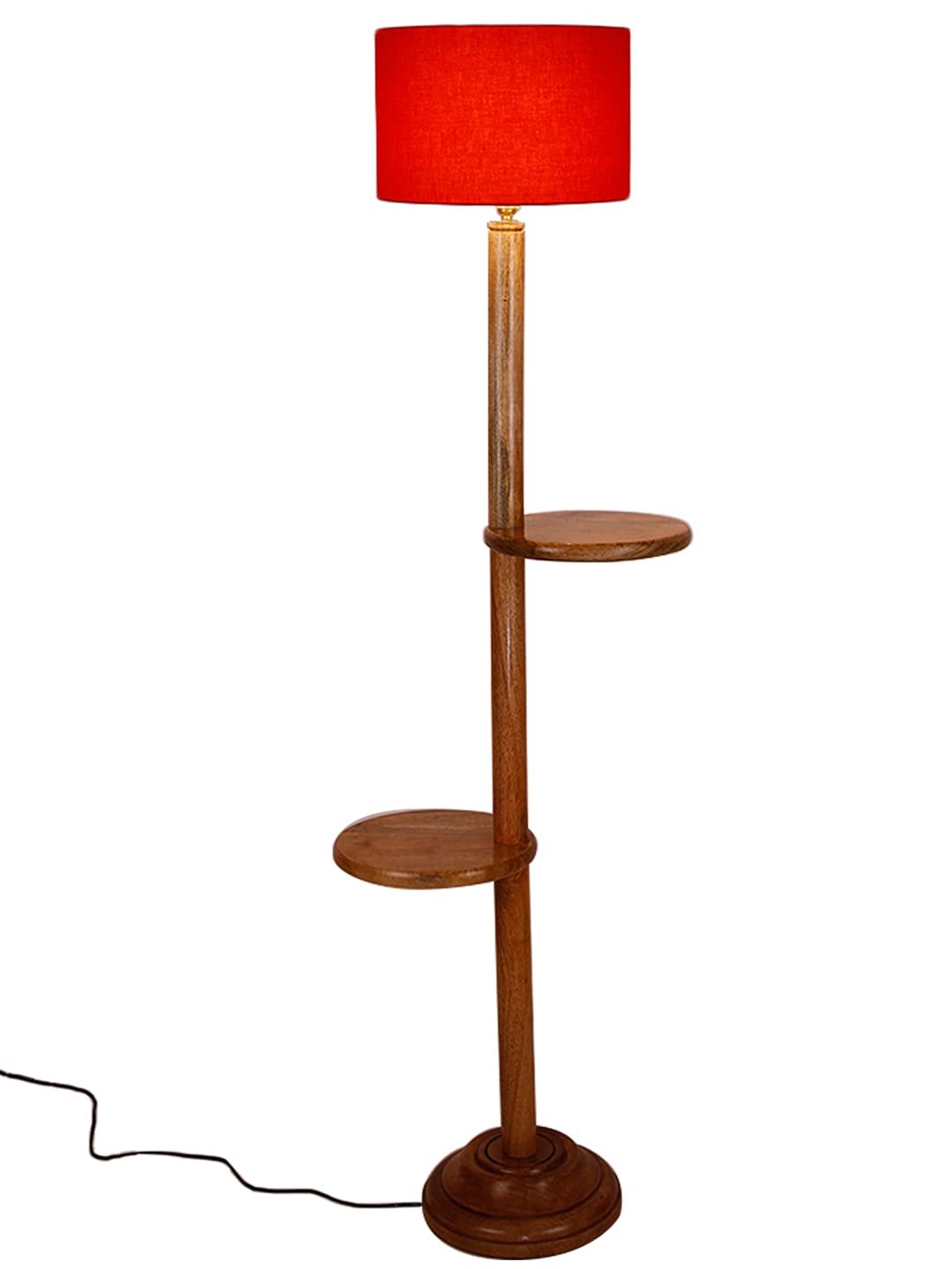 Orange Cotton Drum Shade Wood Natural Table Floor lamp
