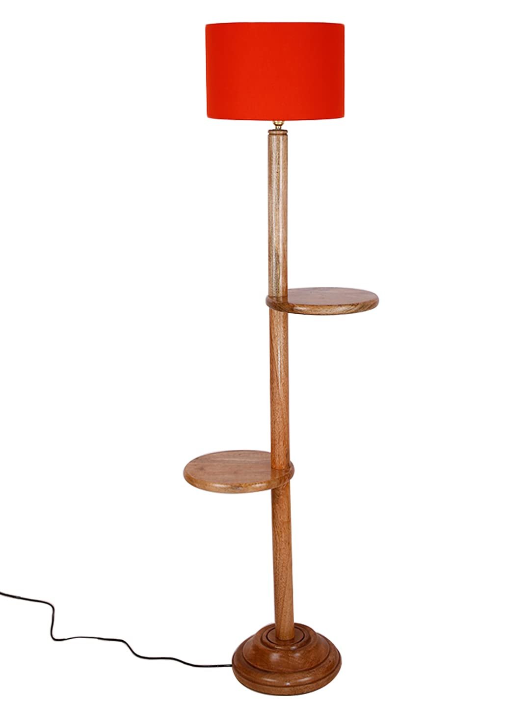 Orange Cotton Drum Shade Wood Natural Table Floor lamp