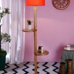 Orange Cotton Drum Shade Wood Natural Table Floor lamp