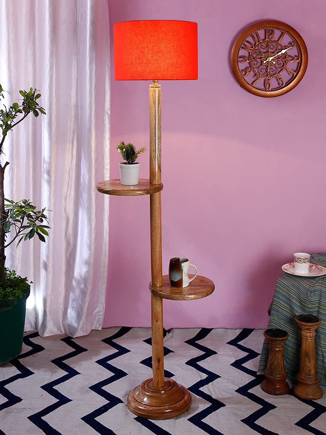Orange Cotton Drum Shade Wood Natural Table Floor lamp