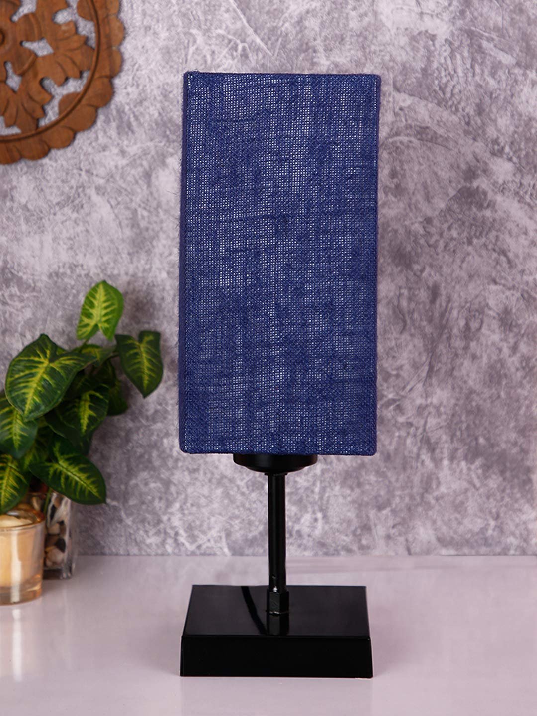 Square Blue Jute Shade Table Lamp with Iron Base