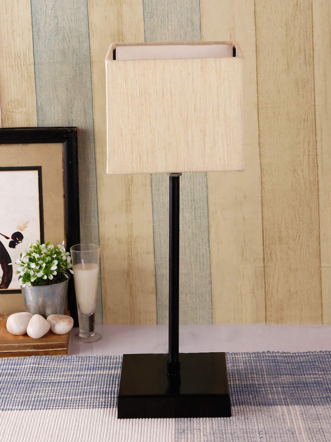 Square Off White Cotton Shade Table Lamp with Iron Base