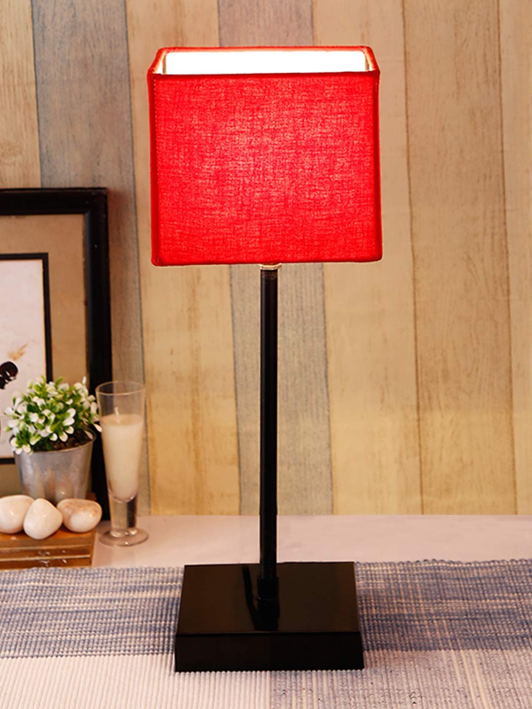 Square Red Cotton Shade Table Lamp with Iron Base