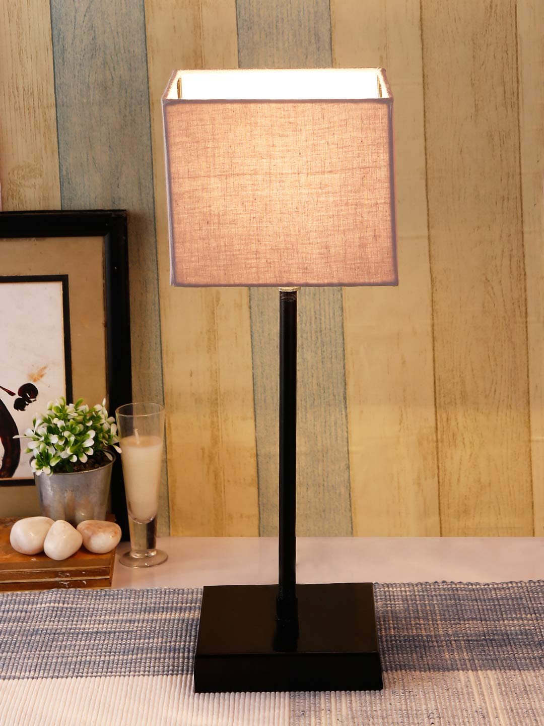 Square Grey Cotton Shade Table Lamp with Iron Base