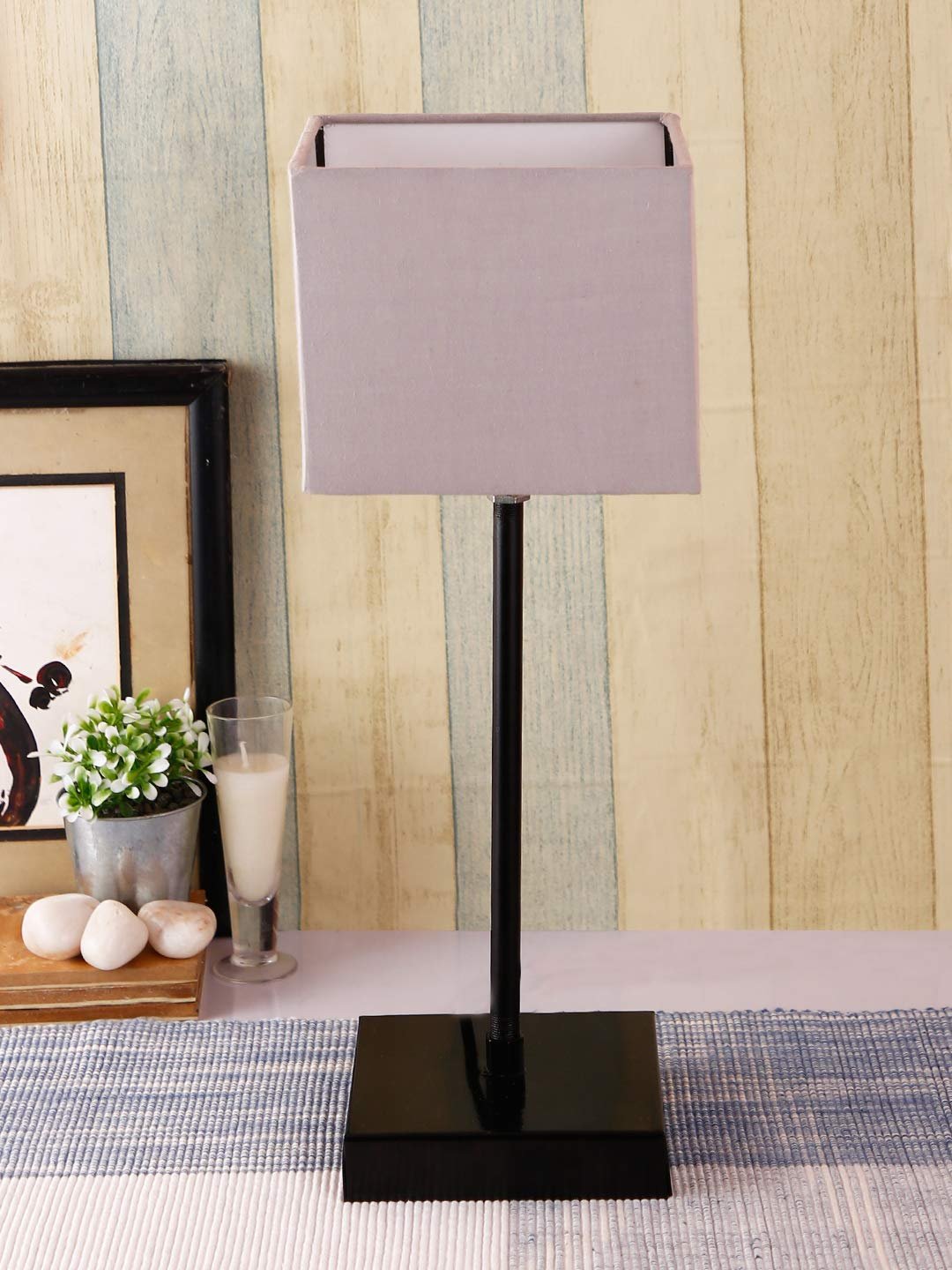 Square Grey Cotton Shade Table Lamp with Iron Base