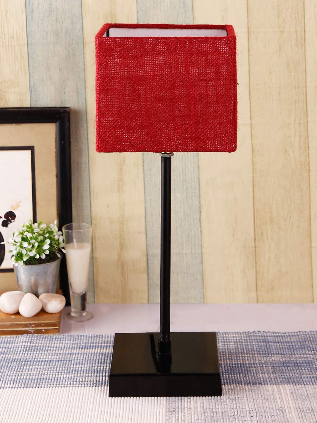 Square Maroon Jute Shade Table Lamp with Iron Base