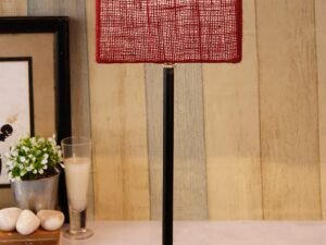 Square Maroon Jute Shade Table Lamp with Iron Base