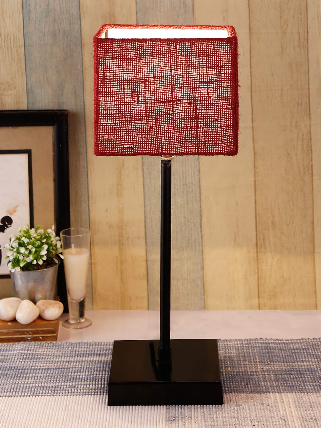 Square Maroon Jute Shade Table Lamp with Iron Base