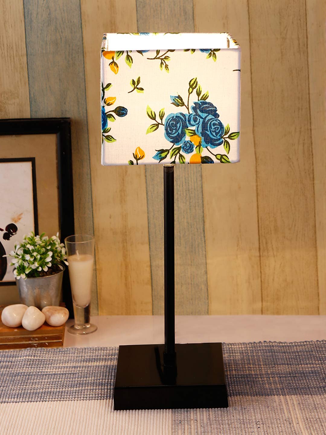Square Multicolor Cotton Shade Table Lamp with Iron Base