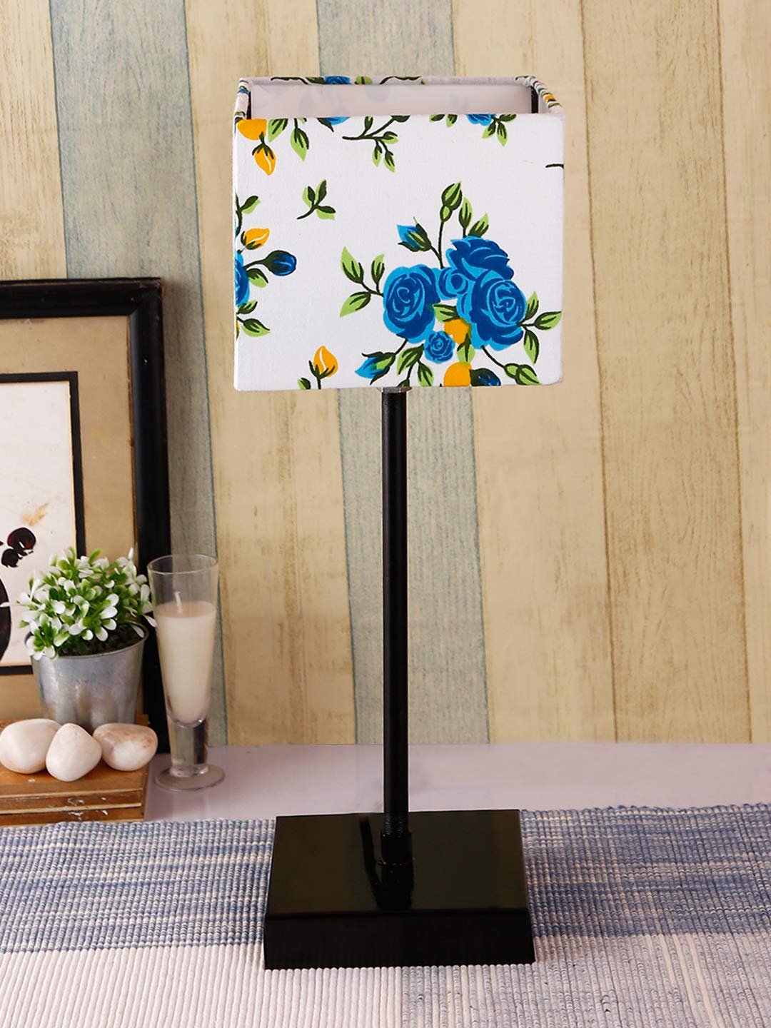 Square Multicolor Cotton Shade Table Lamp with Iron Base