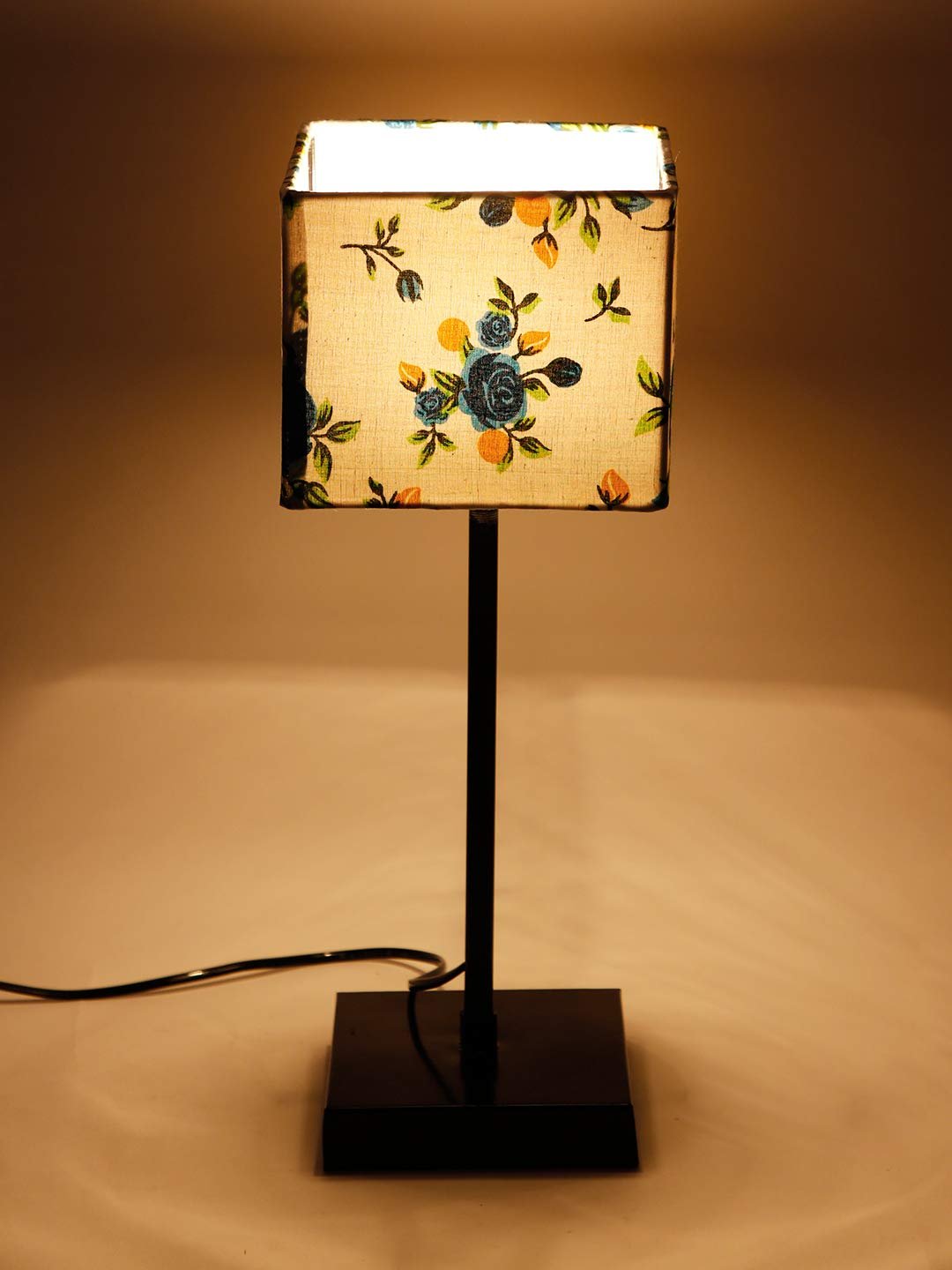 Square Multicolor Cotton Shade Table Lamp with Iron Base