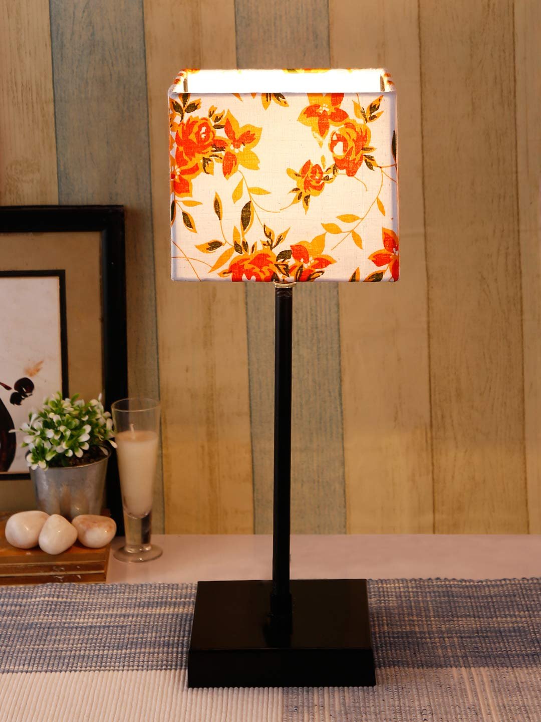 Square Multicolor Cotton Shade Table Lamp with Iron Base