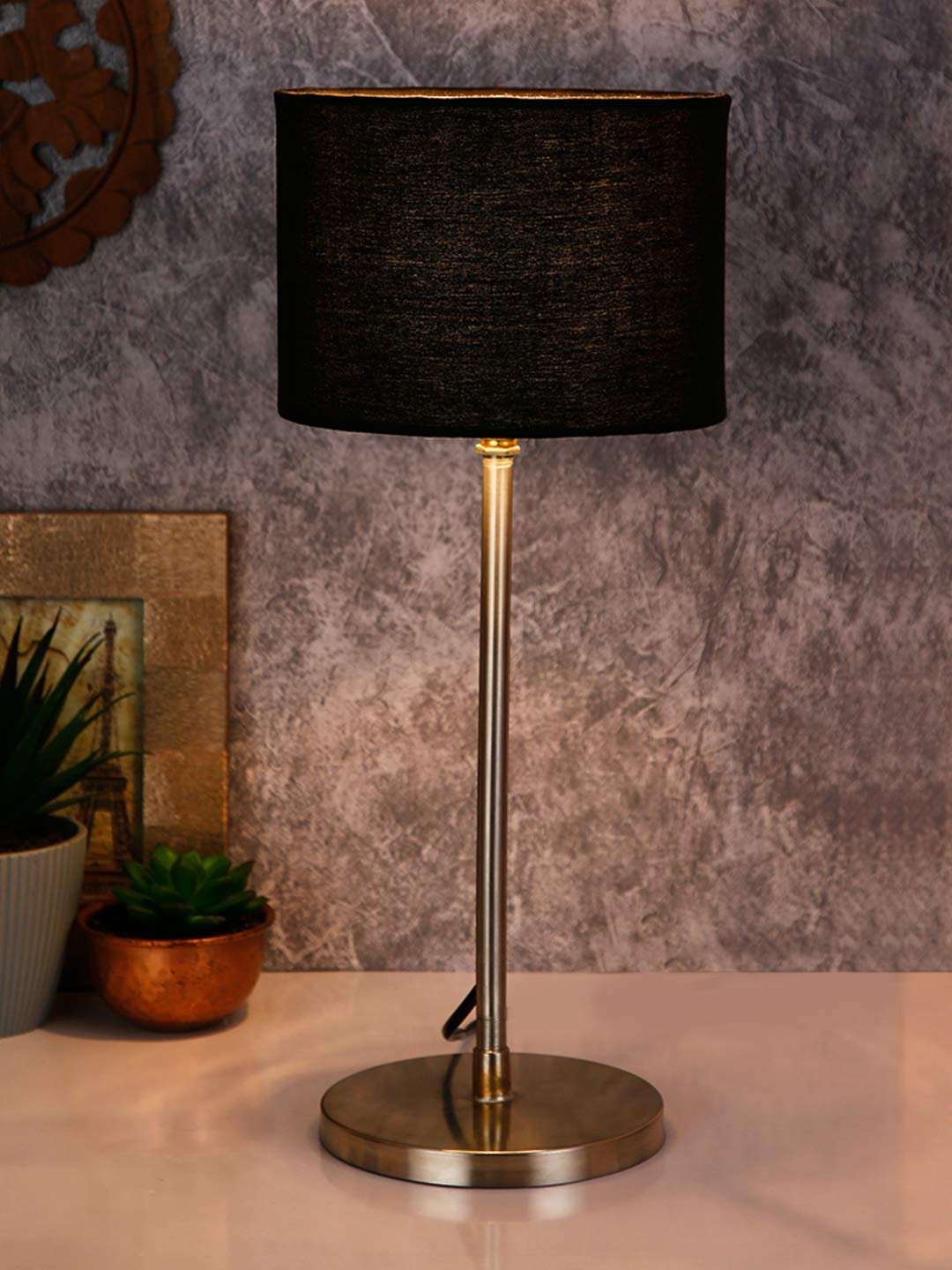 Drum Black Cotton Shade Table Lamp with Steel Base